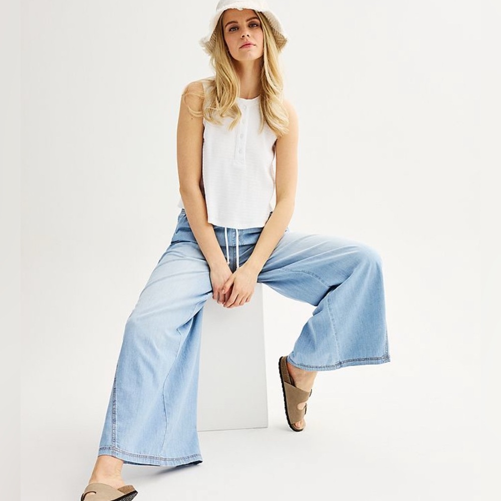NWT TINSELTOWN High Rise Drawstring‎ Wide Leg Pants Jeans Light Blue M Long